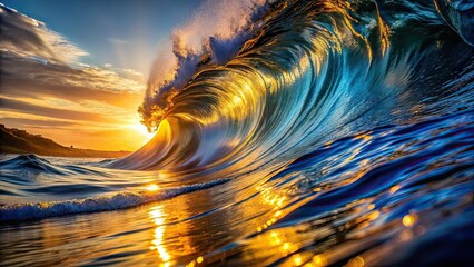 Surreal Blue Gold Wave Background Art