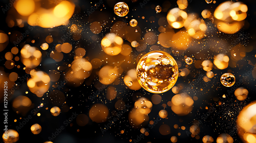 Poster golden bubbles float gracefully in dark background, creating mesmerizing and enchanting atmosphere. 