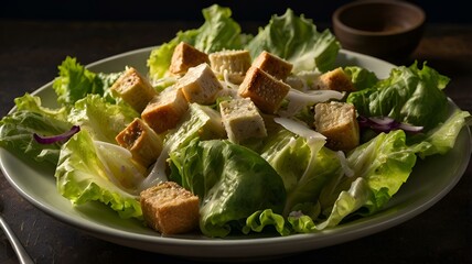 A moody food photography shot of a freshly tossed Caesar salad, with strong directional lighting creating deep shadows and highlights, enhancing the crispness of the lettuce