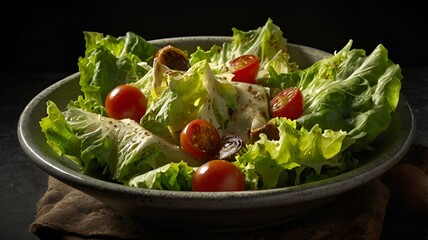 A moody food photography shot of a freshly tossed Caesar salad, with strong directional lighting creating deep shadows and highlights, enhancing the crispness of the lettuce