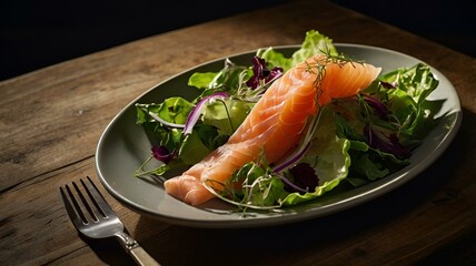 A moody food photography shot of a freshly tossed salad topped with delicate slices of smoked salmon, with strong directional lighting creating deep shadows and highlights, enhancing the crispness of 