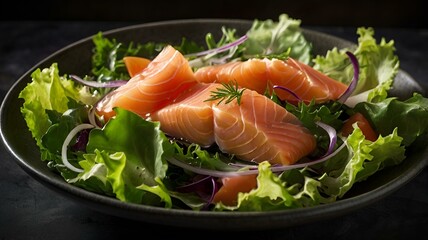 A moody food photography shot of a freshly tossed salad topped with delicate slices of smoked salmon, with strong directional lighting creating deep shadows and highlights, enhancing the crispness of 