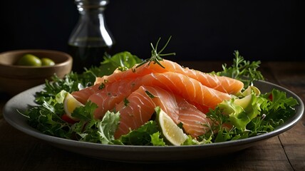 A moody food photography shot of a freshly tossed salad topped with delicate slices of smoked salmon, with strong directional lighting creating deep shadows and highlights, enhancing the crispness of 