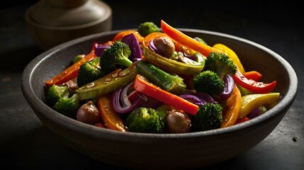 A moody food photography shot of a colorful vegetable stir-fry, with strong directional lighting creating deep shadows and highlights, enhancing the ingredients' vibrant colors