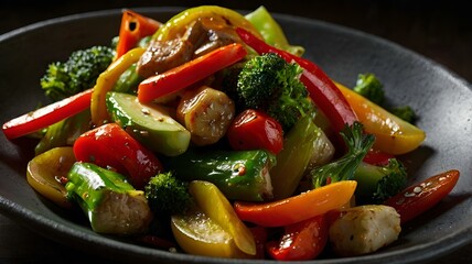 A moody food photography shot of a colorful vegetable stir-fry, with strong directional lighting creating deep shadows and highlights, enhancing the ingredients' vibrant colors