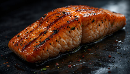 A moody food photography shot of a perfectly grilled salmon fillet, with strong directional lighting creating deep shadows and highlights, enhancing the fish's flaky texture