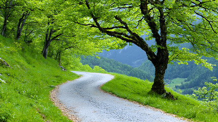 Fototapeta premium Winding road through lush green hills and forests
