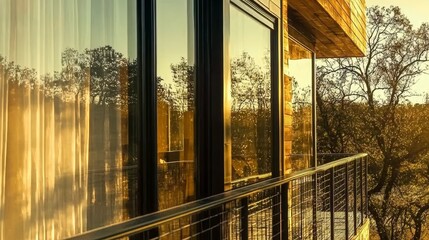 Stylish modern home bathed in warm golden hour light with glowing glass reflections