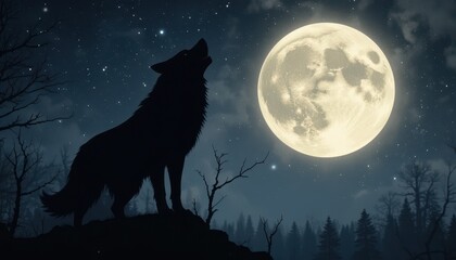 Majestic Wolf Howling Against Bright Full Moon in Night Sky