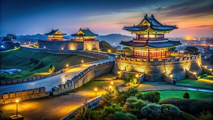 Obraz premium Surreal Hwaseong Fortress Night, Suwon, South Korea, Zoom Out