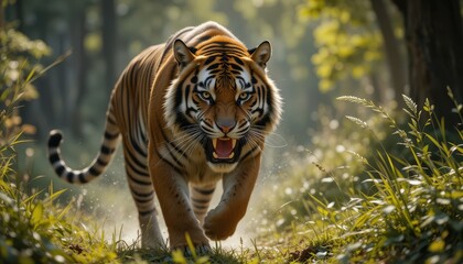 Obraz premium Majestic Tiger Striding Through Lush Green Forest Environment
