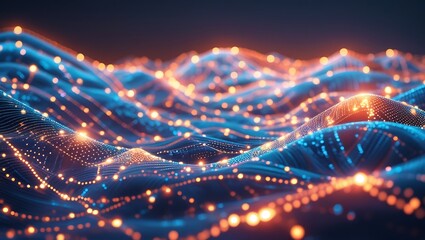 The image represents a digital landscape with glowing data points forming a wave-like pattern 