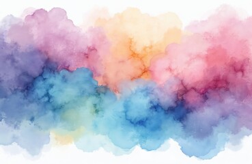 Colorful watercolor cloud background with rainbow gradient. Soft pastel brush strokes in blue, pink, orange, yellow, purple. Abstract sky pattern for artistic designs, creative projects, wallpapers.