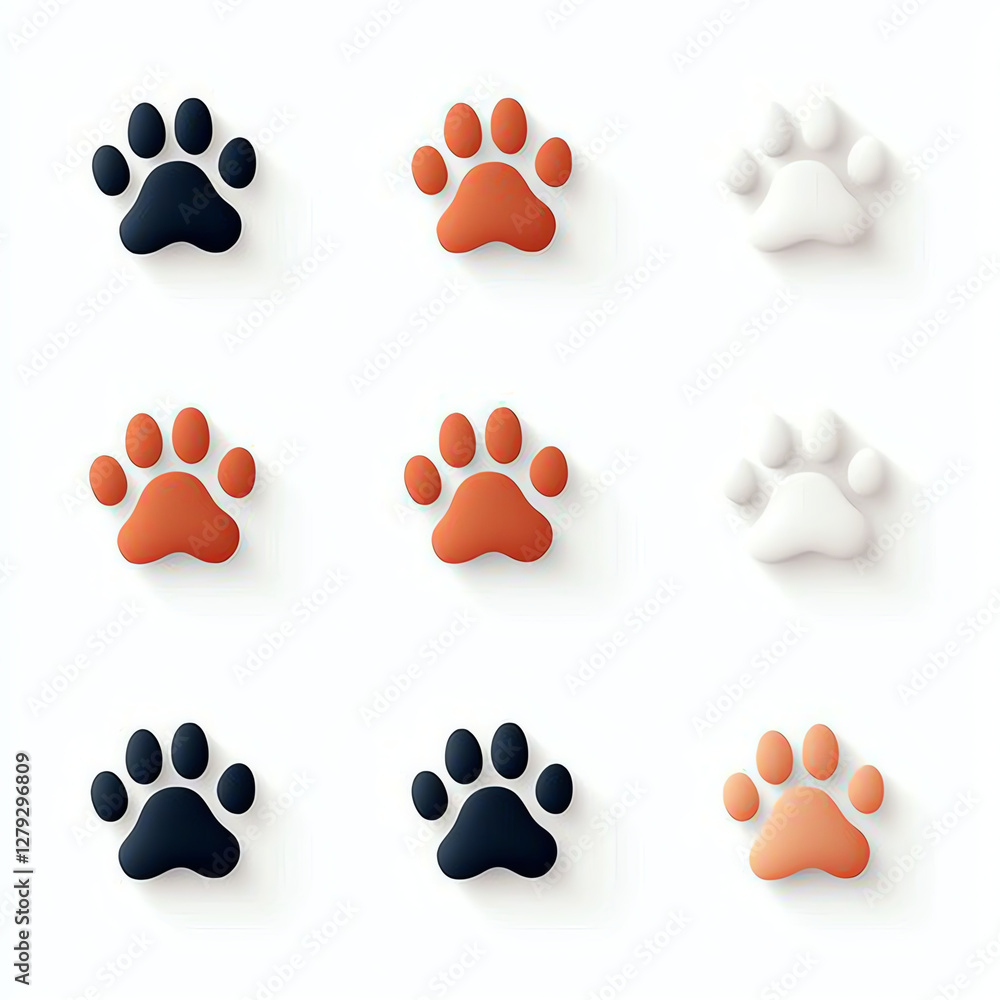 Poster stylized paw prints in various colors arranged in grid pattern, showcasing playful and modern design