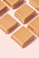 Fototapeta premium Delicate caramel bars arranged neatly on soft pink backdrop, inv
