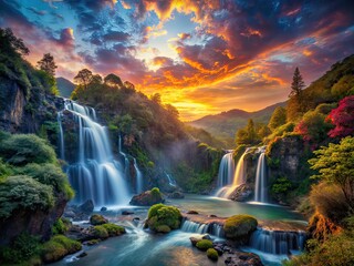 Surreal Twilight Waterfall Valley - Colorful Canyon