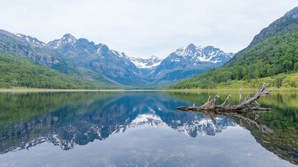 Mountain Lake Reflection, Calm Waters, Misty Peaks, Scenic View, Natural Beauty