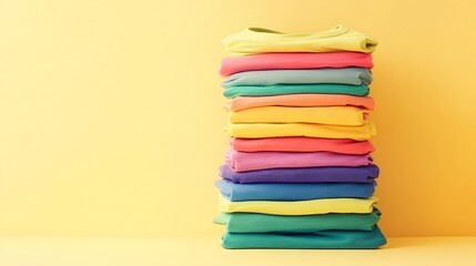 Neatly Folded Stack of Colorful Clothes on Soft Yellow Background Offering Clean Fresh Feel