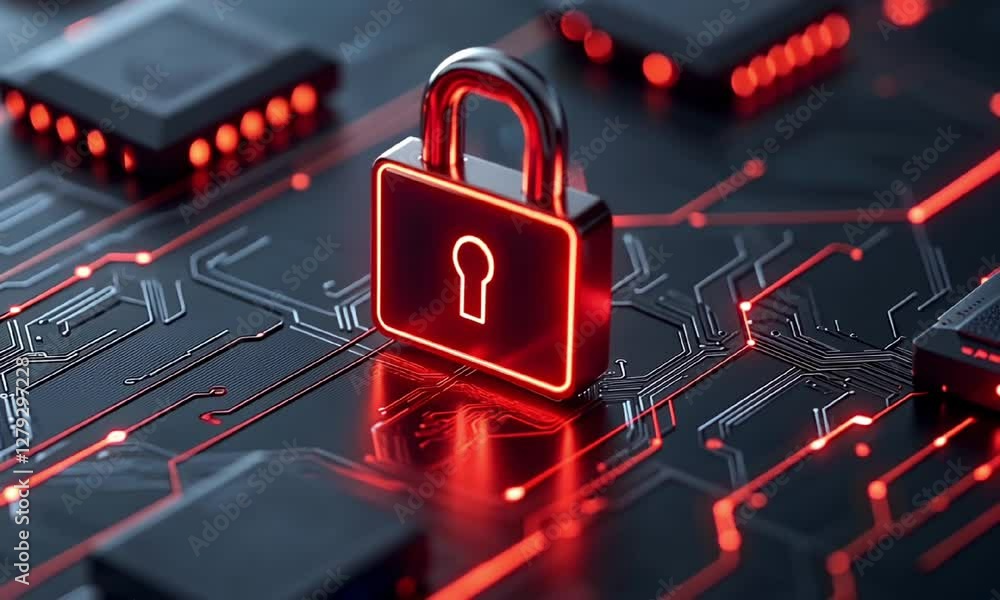 Poster a digital padlock symbolizes cybersecurity on a network circuit board with glowing red accents, repr