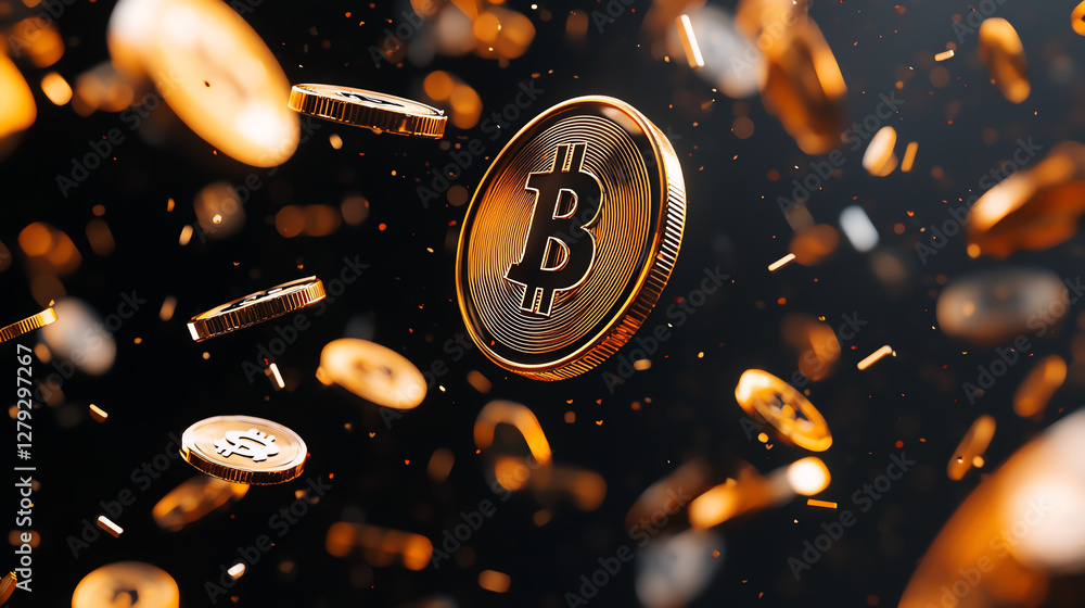 Poster bitcoin coins falling in dark background, symbolizing financial growth and investment opportunities.