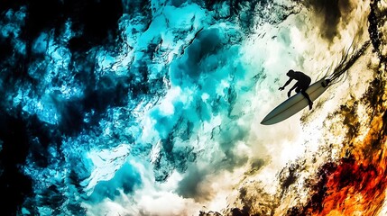 Silhouette of Surfer Riding Wave with Abstract Background and Ocean Landscape