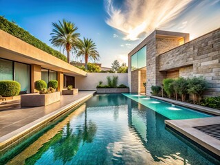 Fototapeta premium Swimming Pool Wall Photos, Luxury Poolside, Modern Architecture, Water Features, Exterior Design