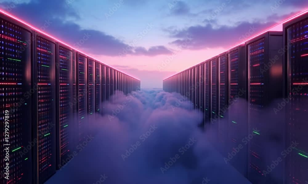 Poster a stunning visual of a futuristic data center emerging from clouds at sunset. the rows of servers ar