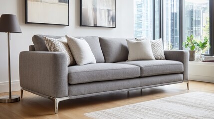 Fototapeta premium Modern Gray Sofa With Decorative Pillows in a Stylish Living Room Featuring Large Windows and a City View