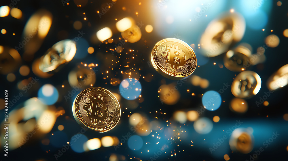 Poster floating bitcoin coins create mesmerizing scene with glowing particles. digital currency symbolizes 