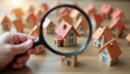 Hand with magnifying glass examines small toy house model. Search for perfect home, real estate investment property. House appraisal value check. Loan mortgage contract agreement for ownership