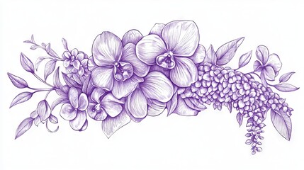 Hand-drawn purple clipart featuring violet flowers like wisteria, orchid, and rose with a bow isolated on a white background.