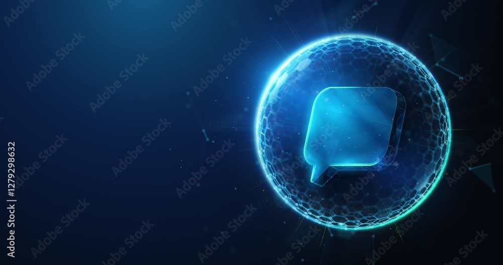 Poster protected private message communication lowpoly animation. chat bubble inside protection sphere shie