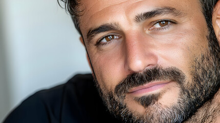 Obraz premium Close-up portrait of a man with a beard, looking directly at the camera, against a blurred background; ideal for advertising, profiles, or websites
