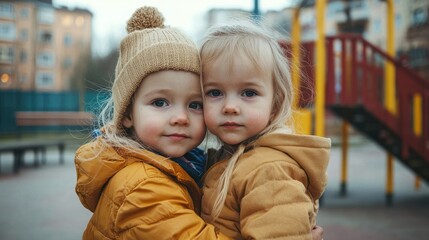 Fototapeta premium Two young girls hugging at a playground, city background. Possible stock photo use Image showcasing childhood friendship, outdoor activities