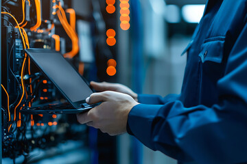 Technician working on laptop in server room, surrounded by cables and lights. environment is high tech and focused on data management and connectivity