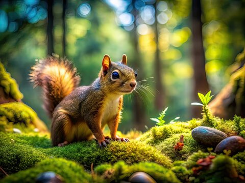 Tilt-Shift Douglas Squirrel, Miniature Forest, Wildlife Photography, Photorealistic AI Art