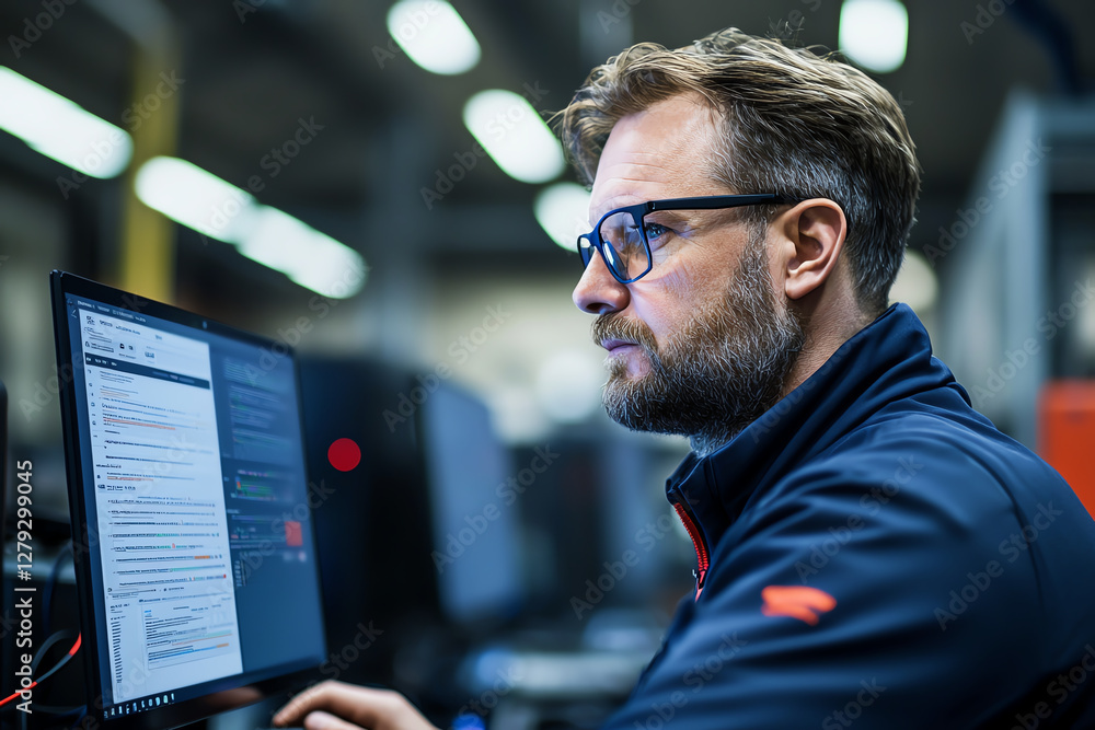 Aufkleber technician working on computer in modern workspace, focused on coding and software development. envi
