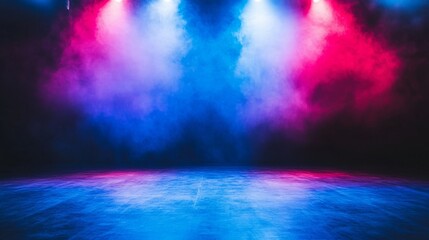 Neon-lit, empty stage on abstract background, ready for performance