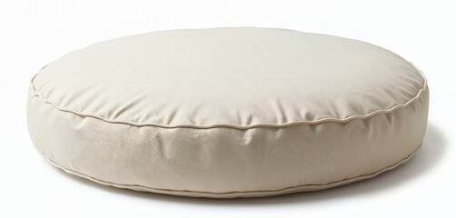 Round floor cushion isolated. Pillow furniture for seating, comfort, interior design, home decor. Soft, cosy, minimalist accessory, plush object for relaxation. Beige color, simple arrangement