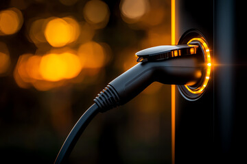 Charging point with electric vehicle connector glowing at sunset