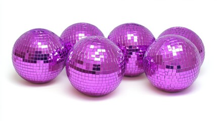 Purple disco balls with bling, retro music party spheres. Glittery balls in the shapes of mirror balls, perfect for nightclubs in the 70s, 80s, and 90s.