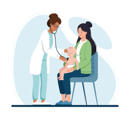 Pediatrician Examines Baby on a Mothers Lap.