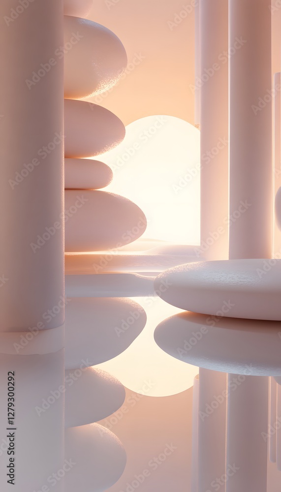 Poster stacked stones and cylindrical structures create a serene composition