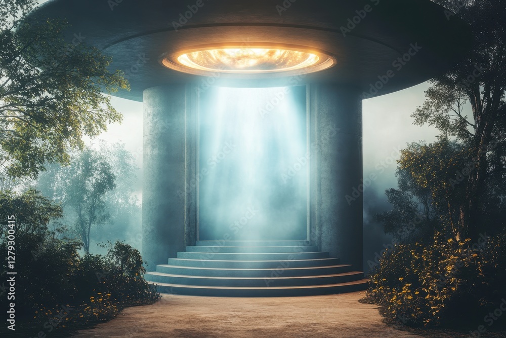 Poster mysterious structure illuminated by bright light in a forest during twilight