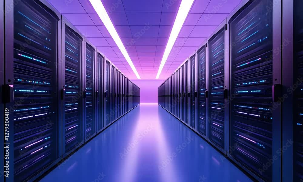 Aufkleber an expansive view inside a modern data center, showcasing rows of servers illuminated by vibrant pur