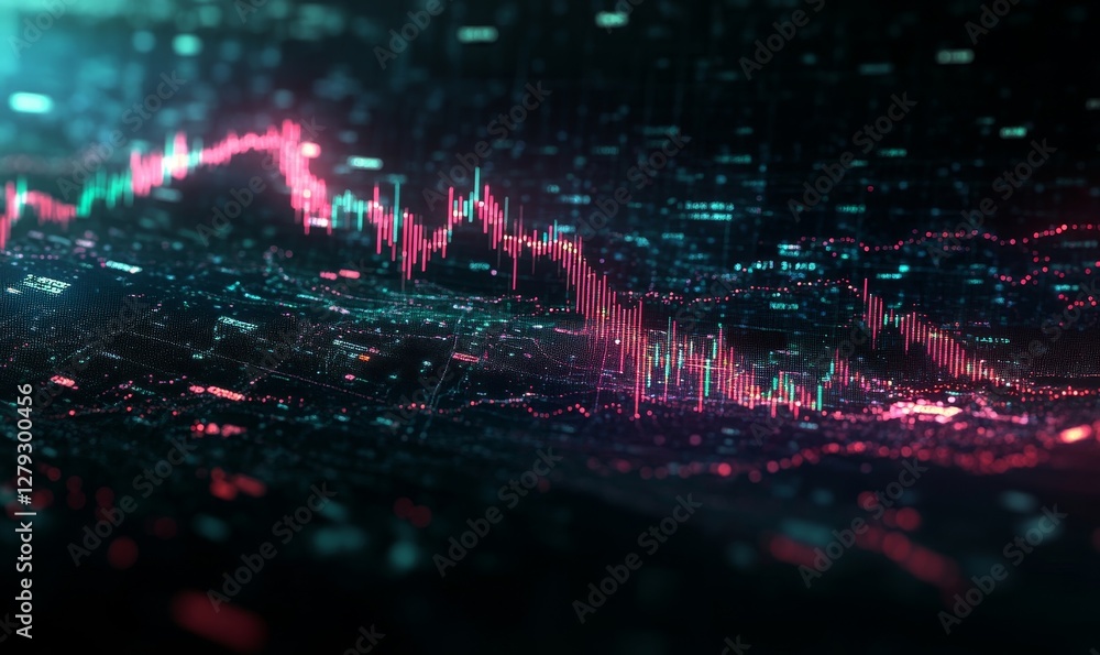 Poster vibrant abstract forex chart background with glowing pixels and data visualization in dark setting