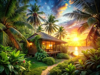 Fototapeta premium Tropical Bungalow Double Exposure AI Art, Dreamy Vacation Home, Coastal Retreat