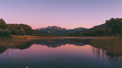 Tranquil lake Codole reflects the vibrant dawn sky in Balagne, Corsica. The water ripples gently, mirroring the tapestry of pinks, purples, and twinkling stars above.