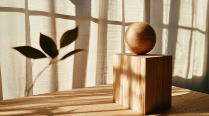 Minimalist wooden design with smooth surfaces in soft natural light for high end product photography
