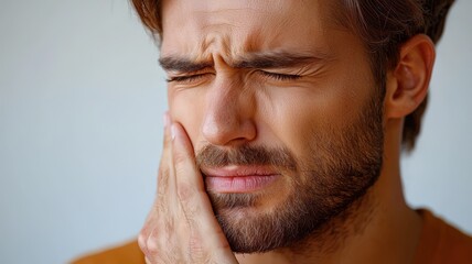Obraz premium Close-Up of a Man Demonstrating Toothache with a Hand Near the Mouth (Dentistry, Pain, Emotions)